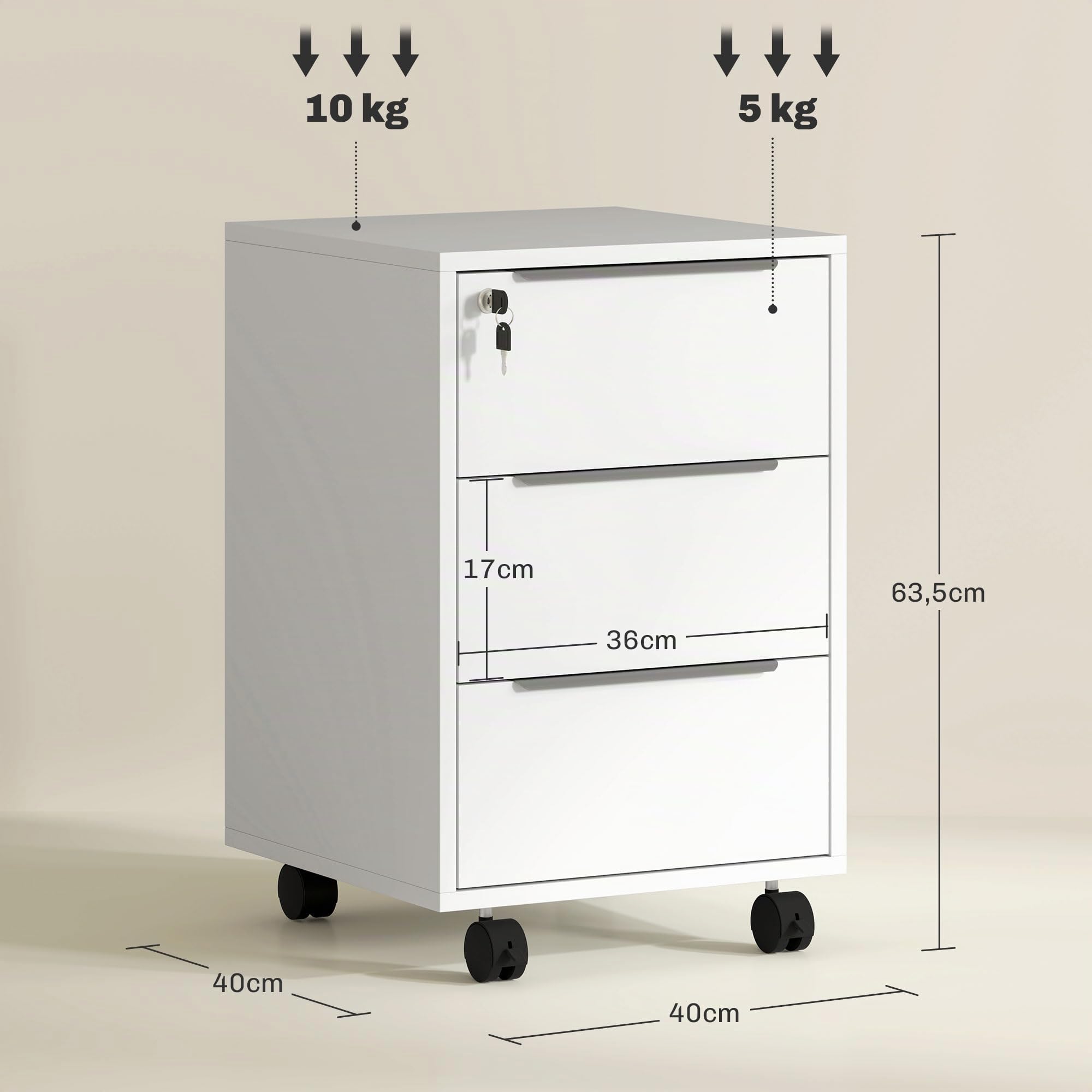 HOMCOM Piedistallo per scrivania su rotelle Piedistallo per archiviazione mobile con 3 cassetti e serratura per file bianco