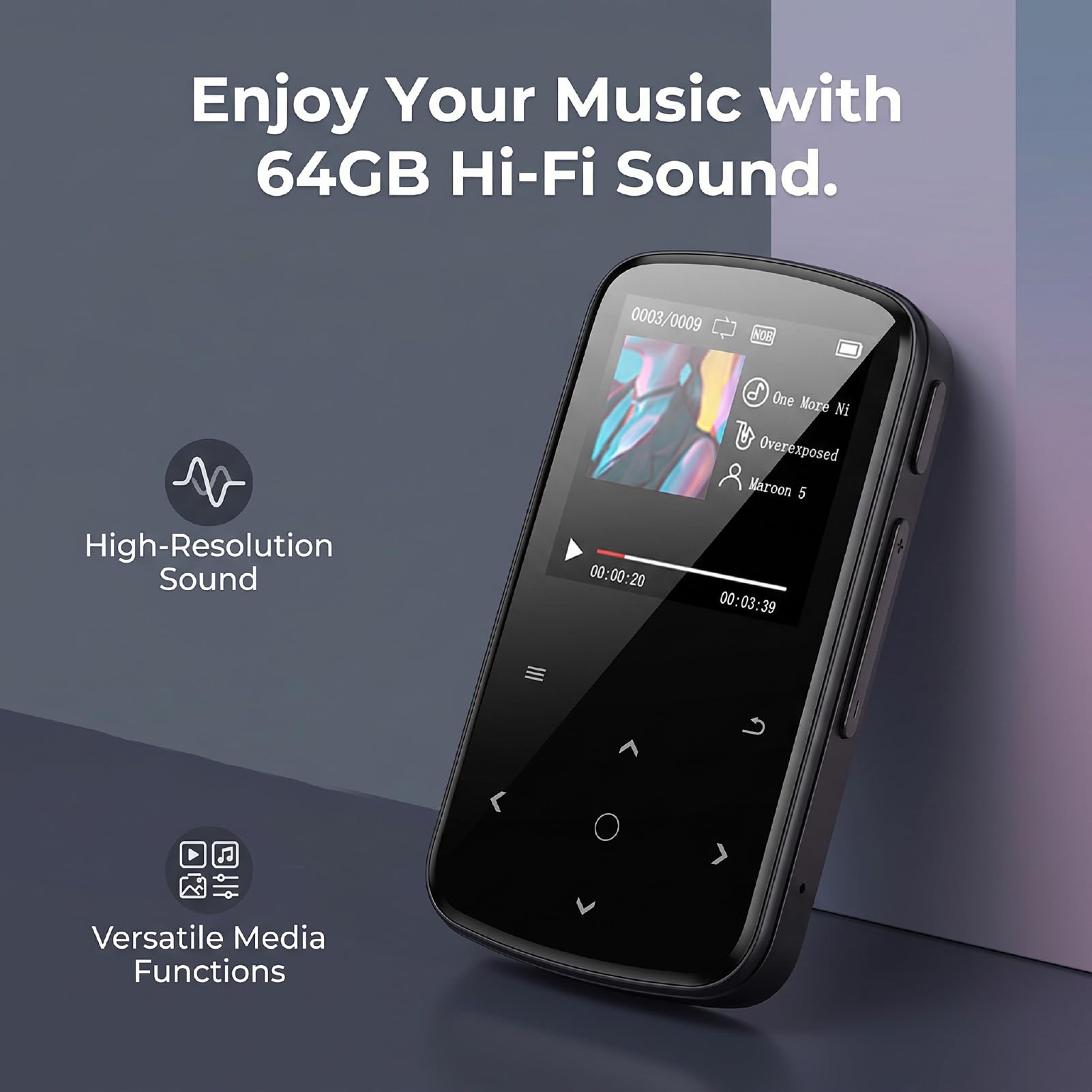 Goshyda Lettore MP3 da 64 GB, Lettore Musicale Portatile HiFi Bluetooth | Schermo da 1,54 Pollici, Supporto per la Lettura di Libri Elettronici, con Auricolari Cablati, per Esercizi di Viaggio