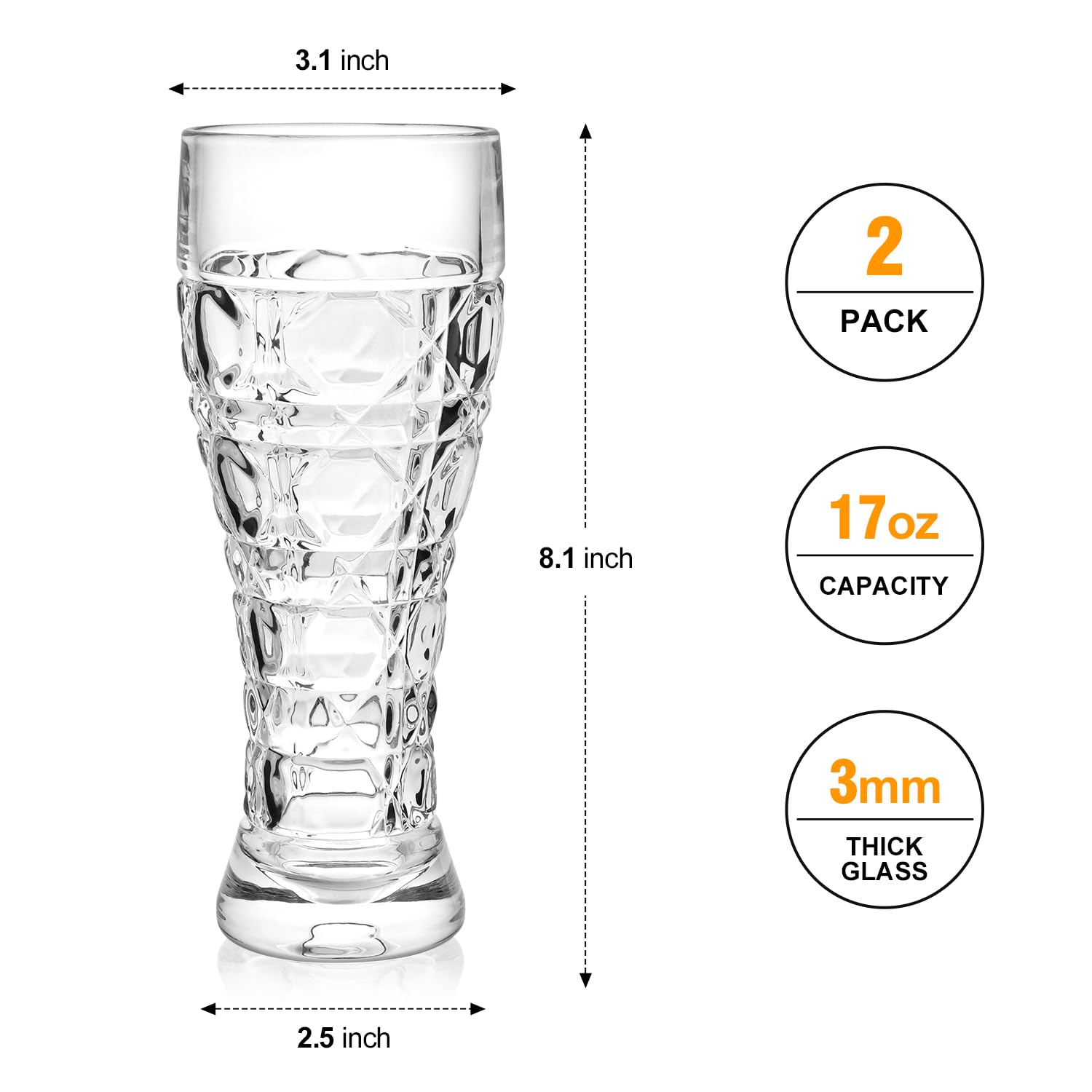 Pint Beer Glasses Set of 2 – 17 oz Tall Clear Drinking Glasses and All Purpose Tumblers – Heavy Base Cocktail, Water, Juice Glass – Pub Style Design For Home Dining, Bars, and Parties