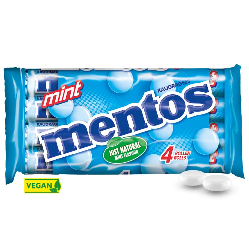 Mentos Kaubonbons Mint, Dragees mit Pfefferminz-Geschmack für frischen Atem, Multipack, Bonbon Vorrats-Packung, Verkaufsdisplay (4 Rollen), vegan