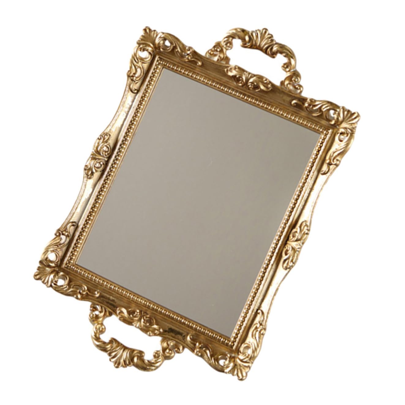 Plateau miroir délicat sculpté aux finitions dorées de style baroque chic
