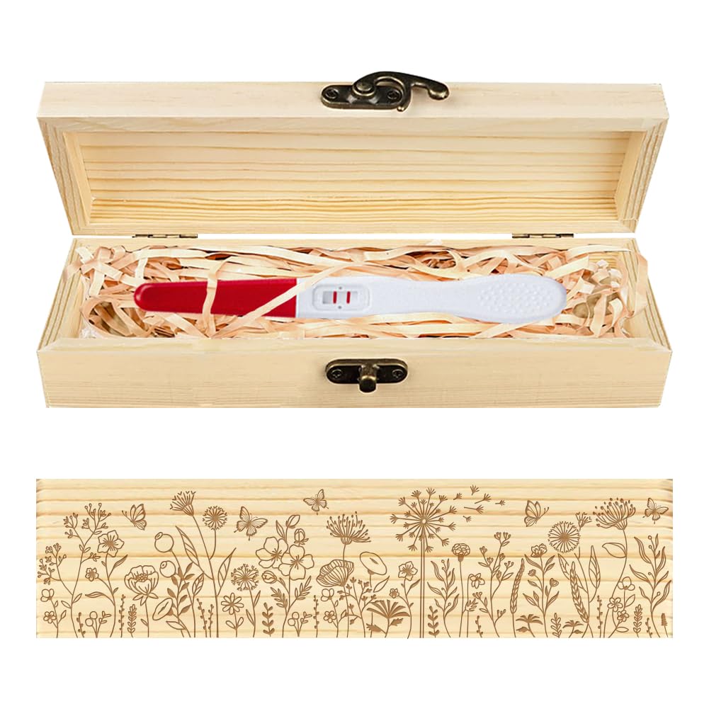 CHGCRAFT Pregnancy Test Keepsake Box Flowers Butterflies Wooden Pregnancy Announcement Gifts Box with Raffia Ribbon and Lock Announcement Gifts for Dad Husband, 8x2x1.2inch