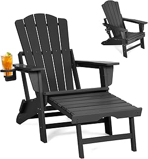 Folding Adirondack Chair with Retractable Ottoman,All Weather Fire Pit Chairs with Cup Holder,Outdoor Chair with Ottoman,Black