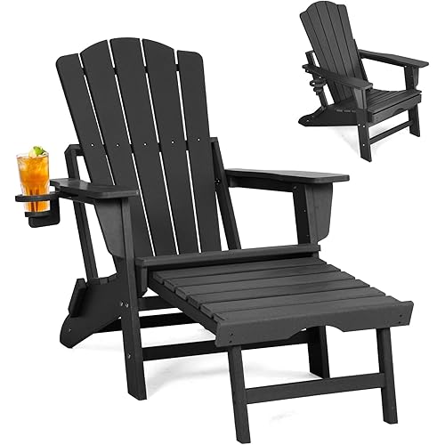 Folding Adirondack Chair with Retractable Ottoman,All Weather Fire Pit Chairs with Cup Holder,Outdoor Chair with Ottoman,Black