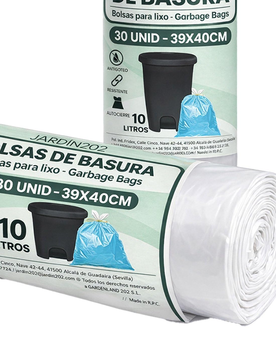 JARDIN202 - Bolsas de Basura 10 Litros Autocierre 39x40cm Antigoteo Perfumadas Resistentes Rollo 30 Unidades para Cubo Pequeño | Pack 60 uds