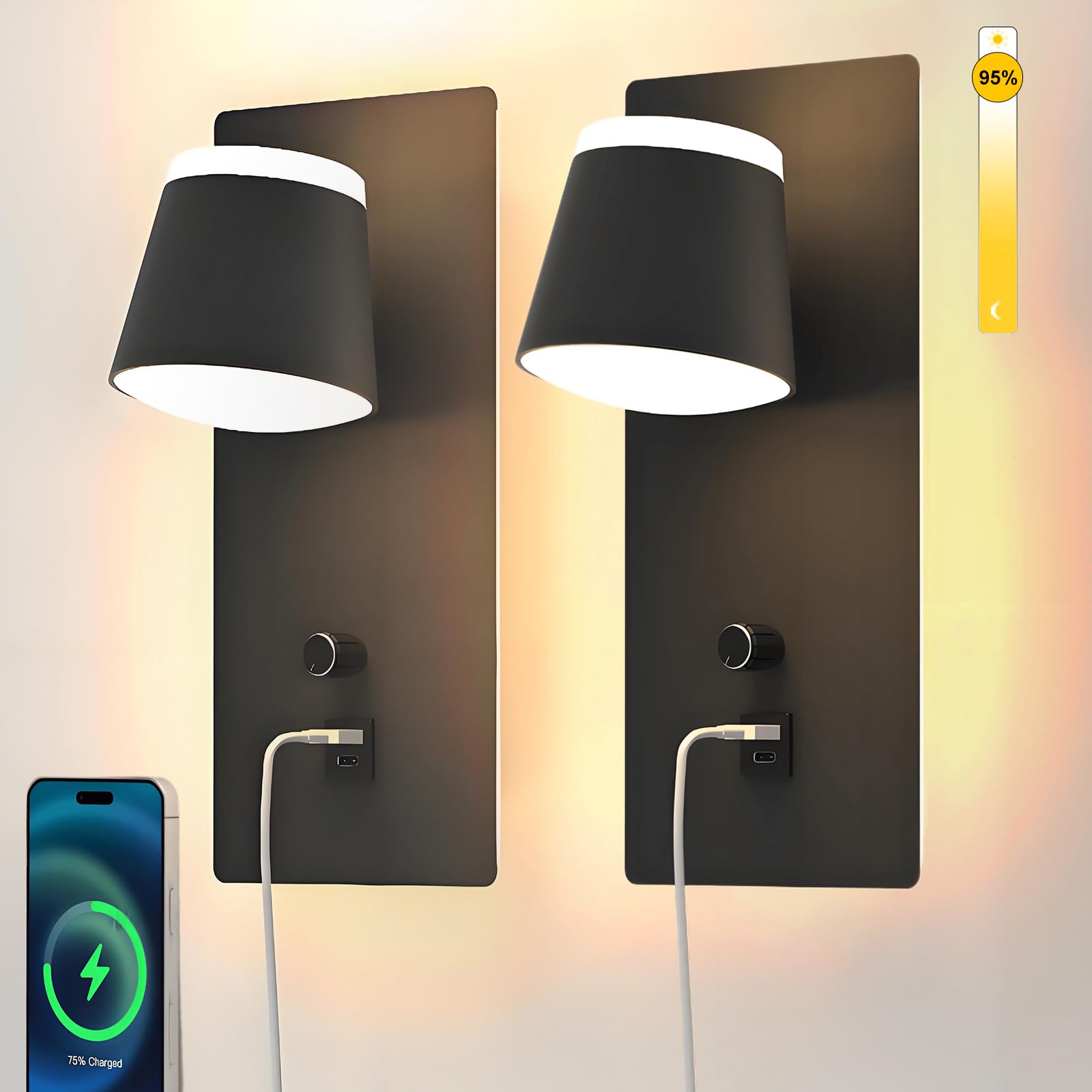 Sytmhoe Nachttischlampe Wandmontage mit Schalter USB C Dimmbar 16W 2 Stück | Schwarz matt 3000K Drehbar Wandleuchte Etagenbett, Kinderzimmer Leselampe mit Ladebuchse, platzsparende Schlafzimmer ohne