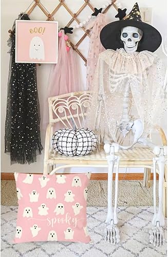 Miniatura 5 de PANDICORN Juego de 4 fundas de almohada rosas de Halloween de 18 x 18 pulgadas, diseño de murciélagos de esqueleto, gato negro, fantasma, decoración