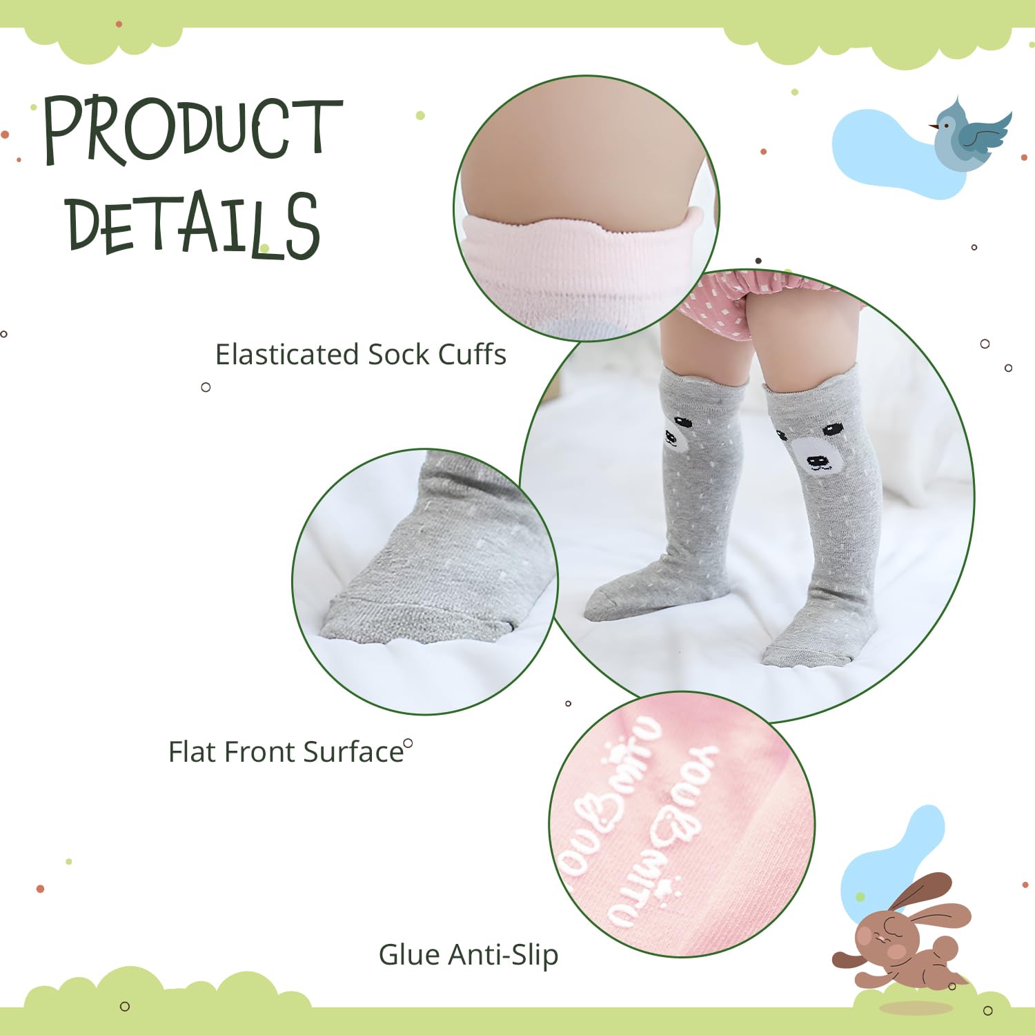 SYGA 3 Pairs Baby Cartoon Animal Knee-High Socks – Soft Cotton Long Socks for Kids 0-2 Years (Light Pink, Pink, Grey) 2