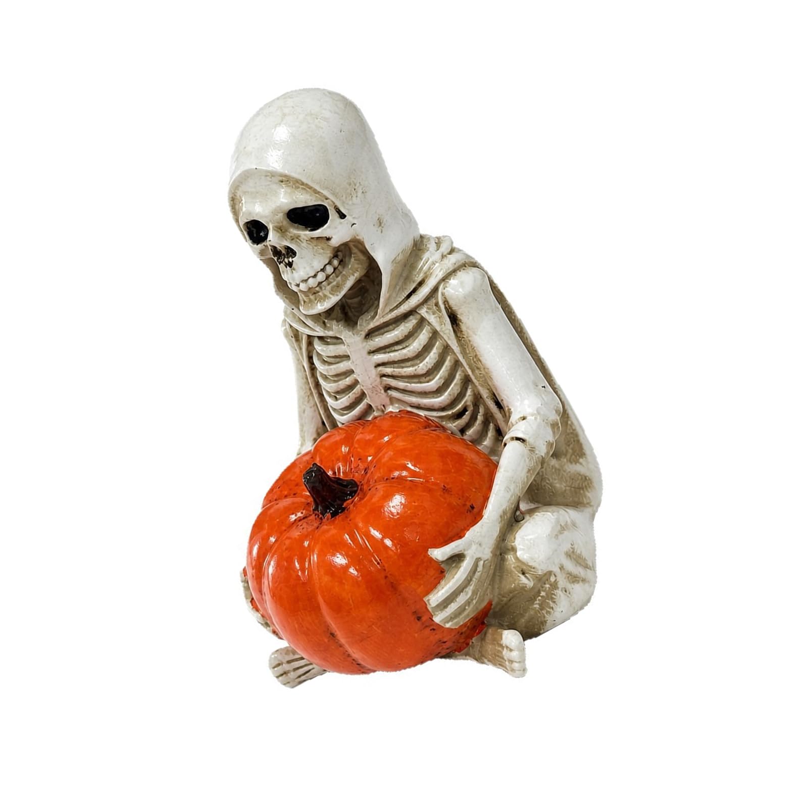 Resin Halloween Skeleton Decor Statue with Pumpkin, Compact Tabletop Accent for Mantels Desks Entry Tables and Seasonal Indoor Displays Halloween Skeleton Statues Skull Figurine with Pumpkin Resin