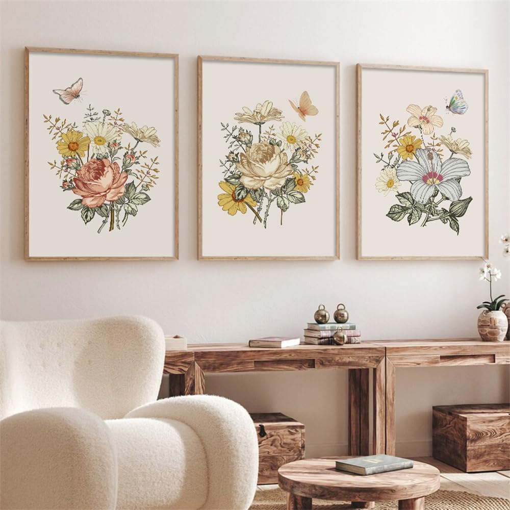 WBYZAC Botanical Posters-Boho Flower and Butterfly Posters Beige Background Wall Art Canvas Paintings Print Picture Girl Nursery Bedroom Interior Decor Artwork-60 * 80cm*3PCS (No Frame)