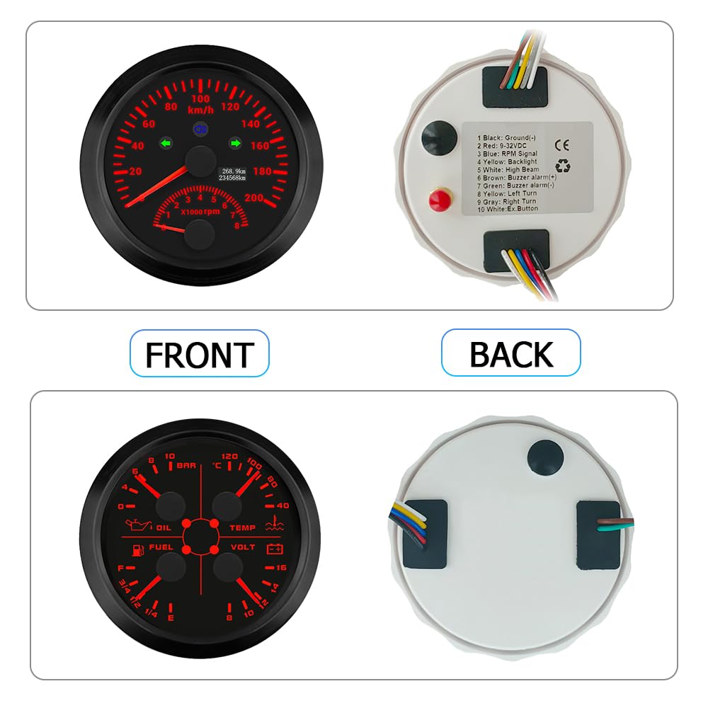 ELING Compteur de vitesse GPS 2 en 1 de 85 mm 200 km/h compteur kilométrique avec tachymètre compte-tours du moteur avec niveau de carburant multifonction 4 en 1 pression d'huile