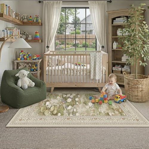 Washable 3x5 Area Rug Beige Floral Indoor Door Mat Non Slip Low Pile Small Carpet Vintage Impressionist Rugs for Enterway Bathroom Nursery Kids Room 3