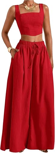 SOLY HUX Women's 2 Piece Square Neck Tank Top Drawstring Wide Leg Pants Set