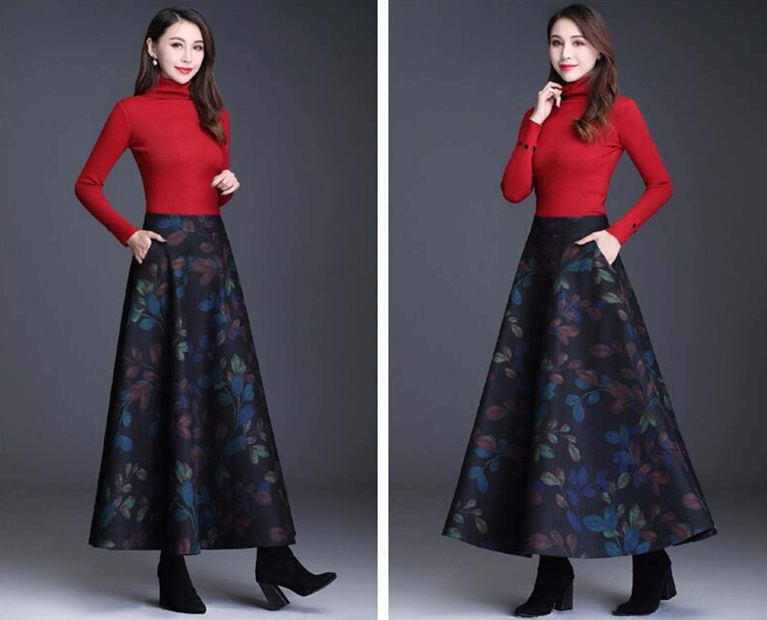 Femmes Plaid Woollen Jupes Taille Haute A-Ligne évasé Jupe Longue Automne Hiver Chaud Laine Retro Big Swing Maxi Jupes