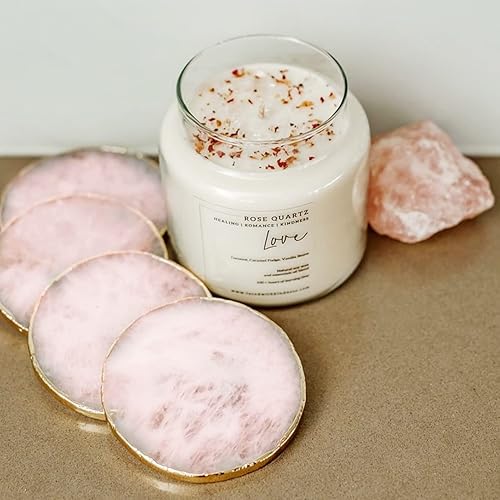 Posavasos decorativos de cuarzo rosa, posavasos redondos de cristal rosa natural, borde dorado, juego de 4 (redondo de 3.5 a 4)