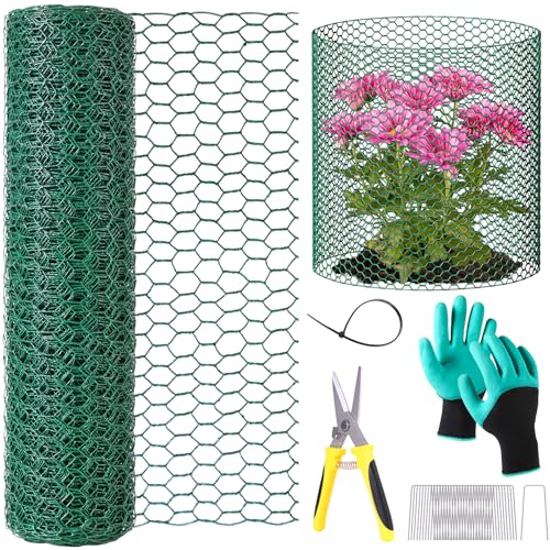 32.8ftx16In Plant Protectors from Animals Plant Cages for Outdoor Plants Wire Plant Protector Cage Wire Plant Protector Chicken Wire Cloche with Ground Stakes & Nylon Ties Protect Plants from Animals