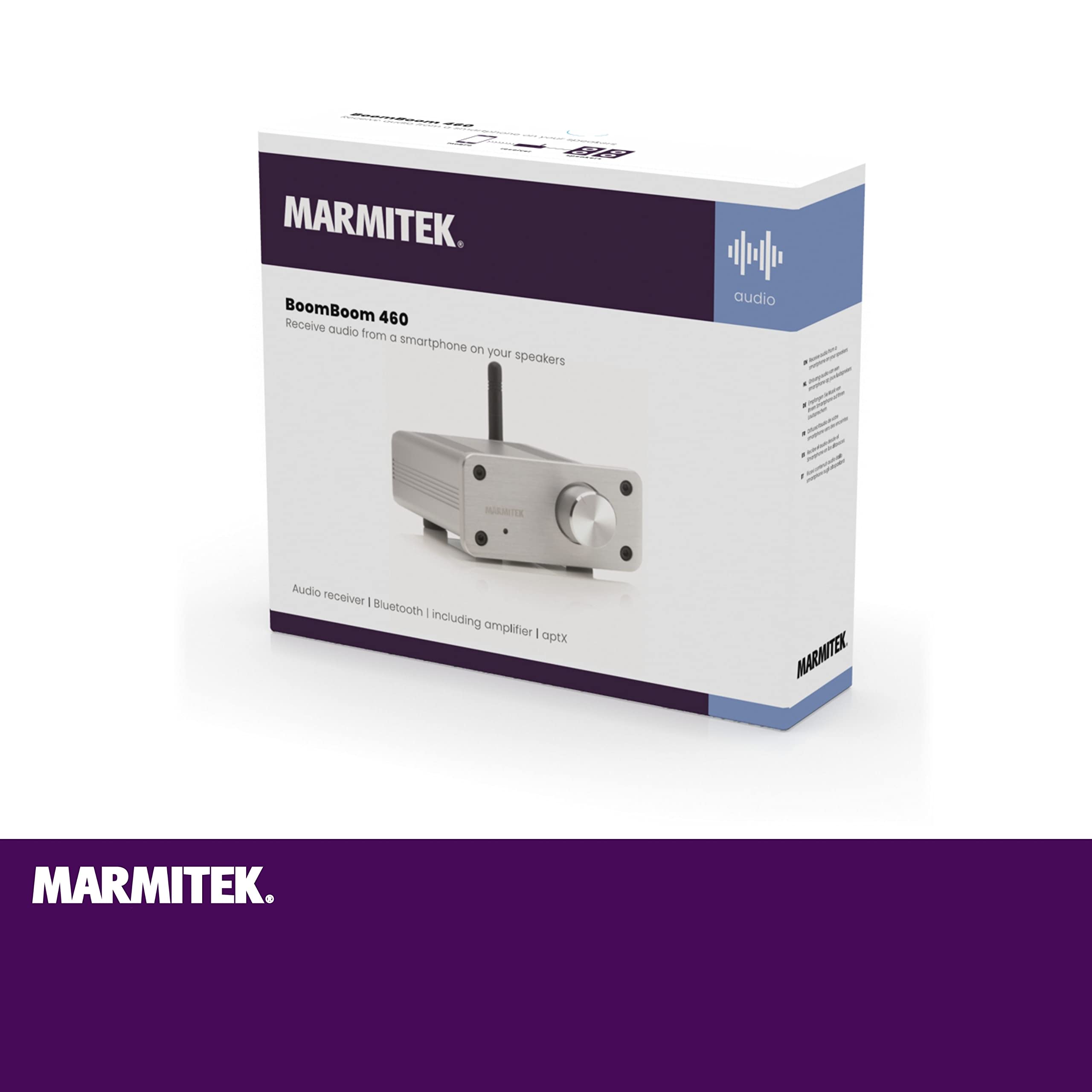 Marmitek BoomBoom 460 - Odbiornik Bluetooth z cyfrowym wzmacniaczem aptX | Audio receiver do głośników pasywnych, 2x20 W RMS, wejście AUX, wyjście głośnikowe i mini wzmacniacz stereo