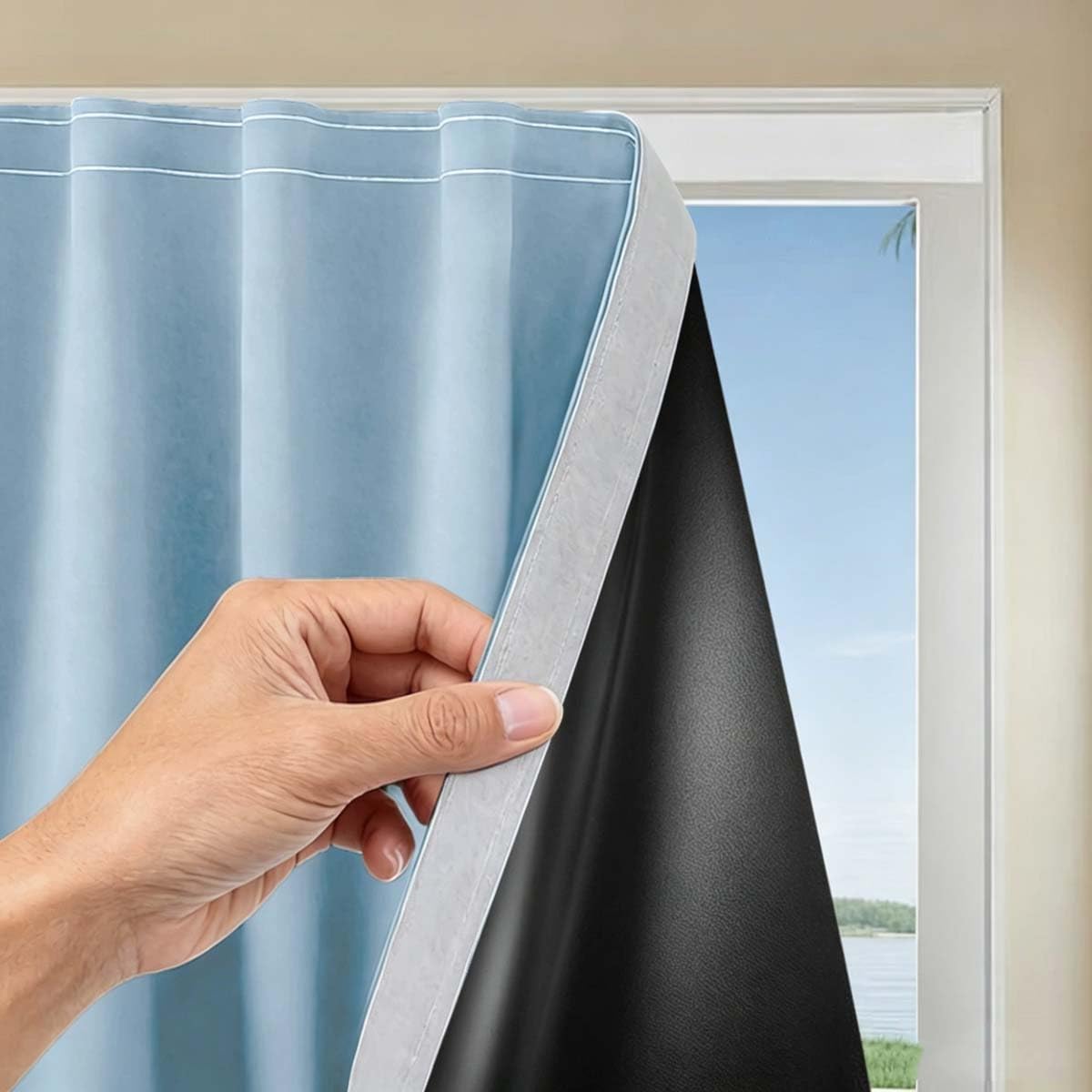 100% Blackout Blind, Self Adhesive Curtains Portable Blackout Blind for Windows Living Room Bedroom Nursery Loft RV Car, Hook & Loop Strip, No Drilling (136W x 140H cm,Blue)