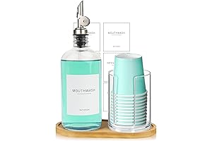 480ml/16.23 Oz Mouthwash Glass Pump Dispenser for Bathroom with Disposable Mouthwash Cups Holder