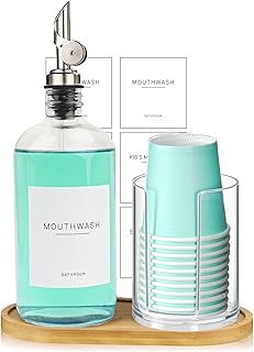 480ml/16.23 Oz Mouthwash Glass Pump Dispenser for Bathroom with Disposable Mouthwash Cups Holder, Pour Spout Refillable Clear Mouthwash Container with Bamboo Tray, Mouthwash Labels