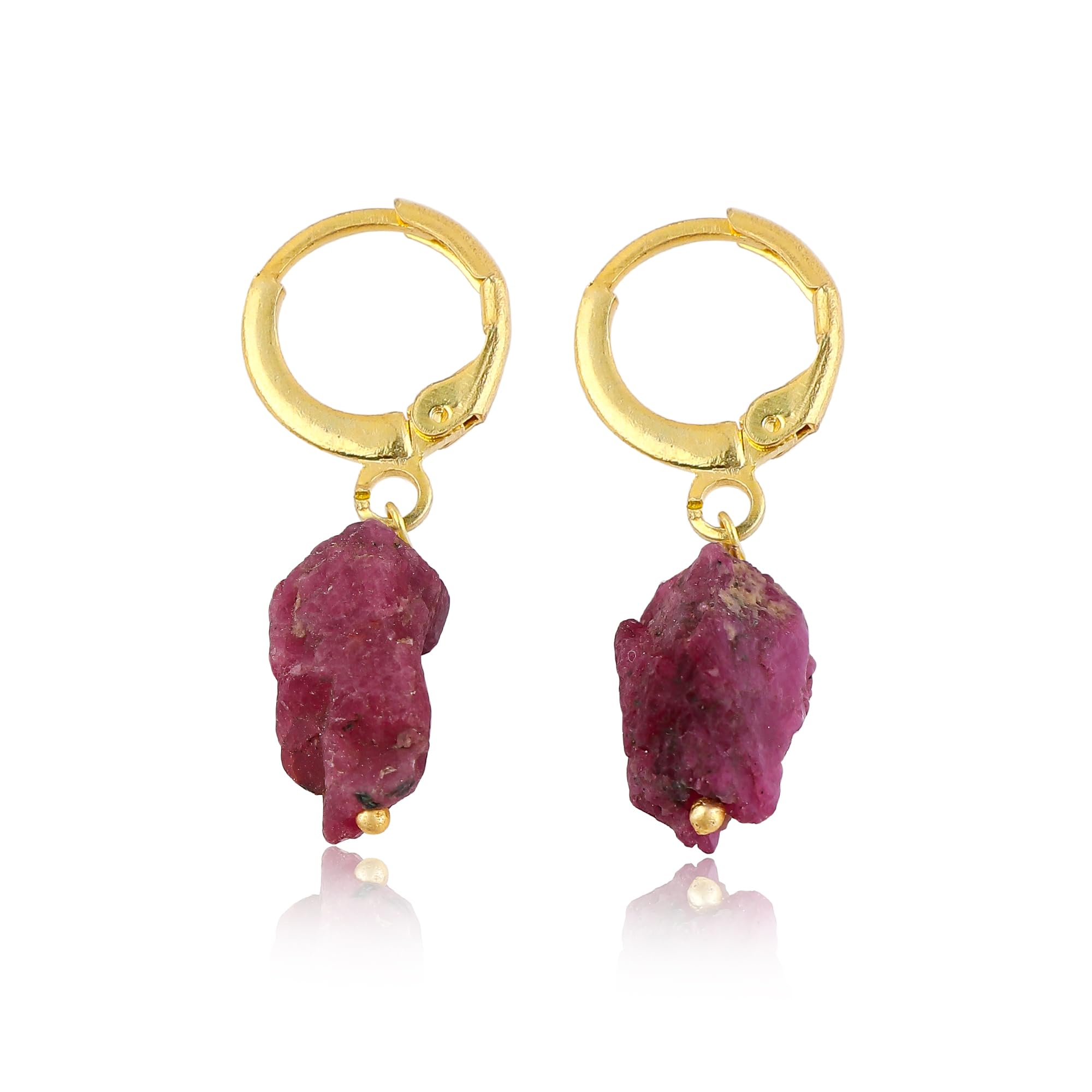 Raw Ruby Gemstone Hoop Earrings – Natural Crystal Stone Dangle Earrings for Women – Hypoallergenic Gold Plated Small Hoops – Handmade Lightweight Statement Jewelry (Ruby)
