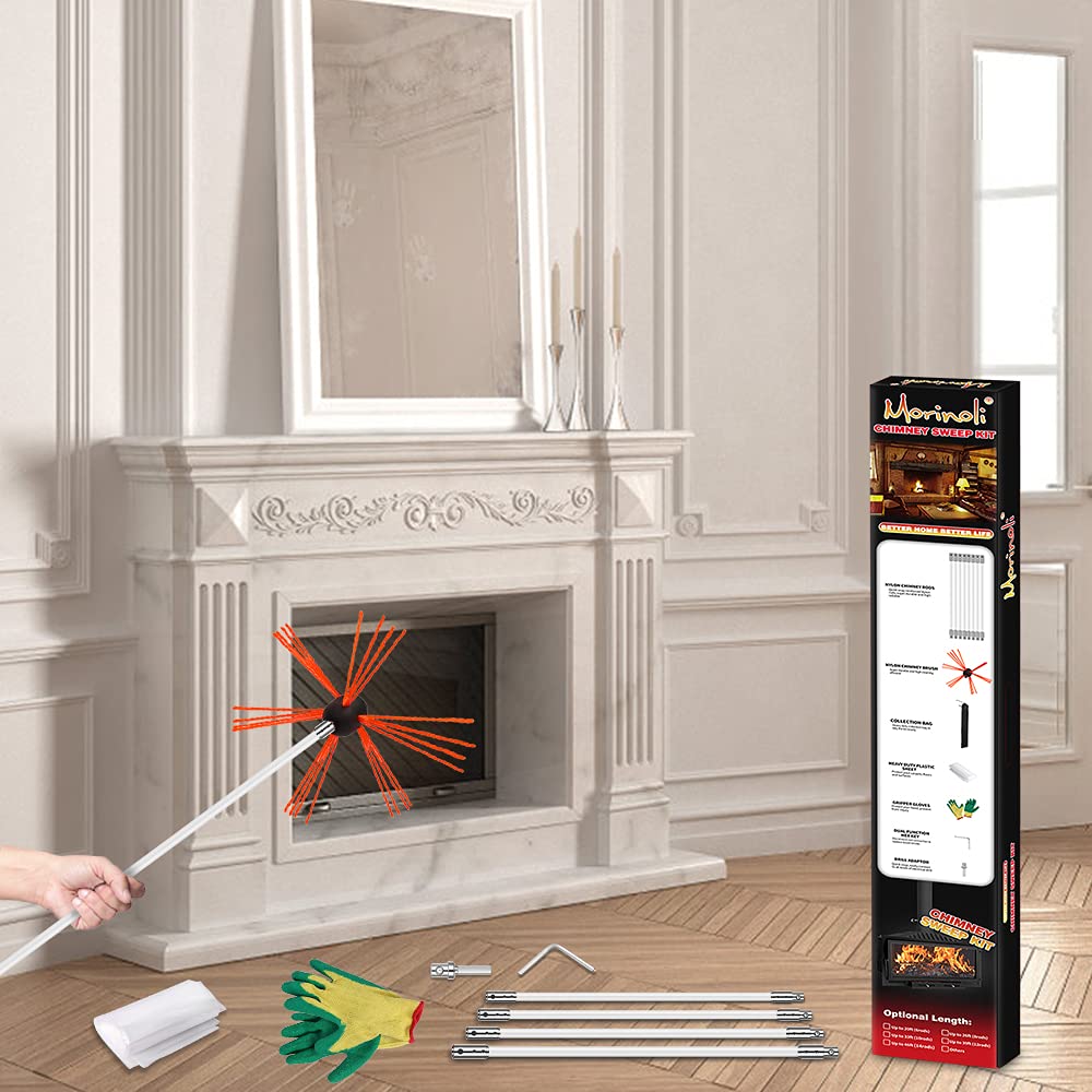 Morinoli 46 Feet Chimney Sweep Kit, Chrome Button Locking System, Chimney Cleaning Kit, Chimney Brush, Chimney Cleaning Tool, Chimney Cleaning System with 14 Flexible Chimney Rods