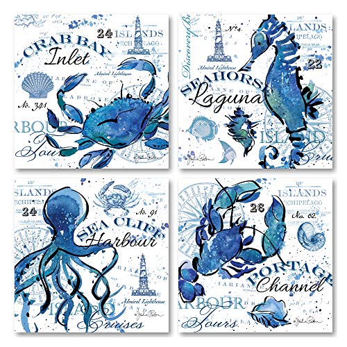 Beautiful, Trendy Sea Creatures; Seahorse, Lobster, Crab And Octopus; Coastal Decor Set, Four 8 By 8-Inch Mounted Prints; Ready To Hang! Blue/White/Black #TOP26