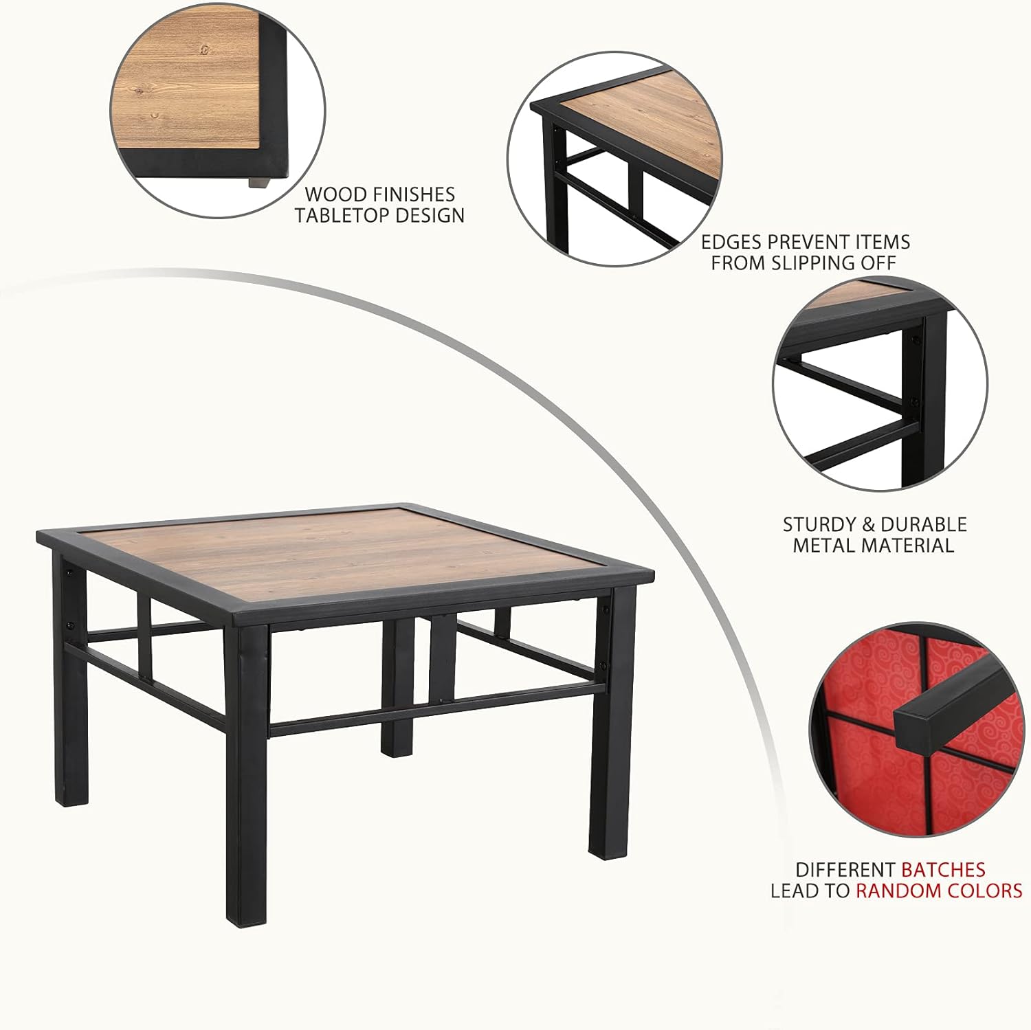 Festival Depot Patio Coffee Table Square Metal Table with Wood Grain Tabletop All Weather Outdoor Furniture for Deck Porch Garden (25.2" x 25.2" x 16.5")