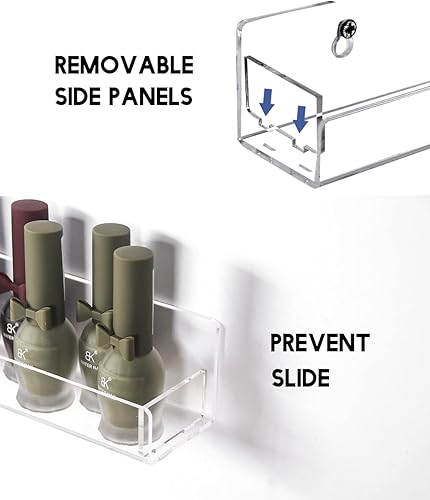 Miniatura 4 de Paquete de 4 estantes acrílicos para esmalte de uñas, estante montado en la pared con inserciones de extremo antideslizantes extraíbles, soporte