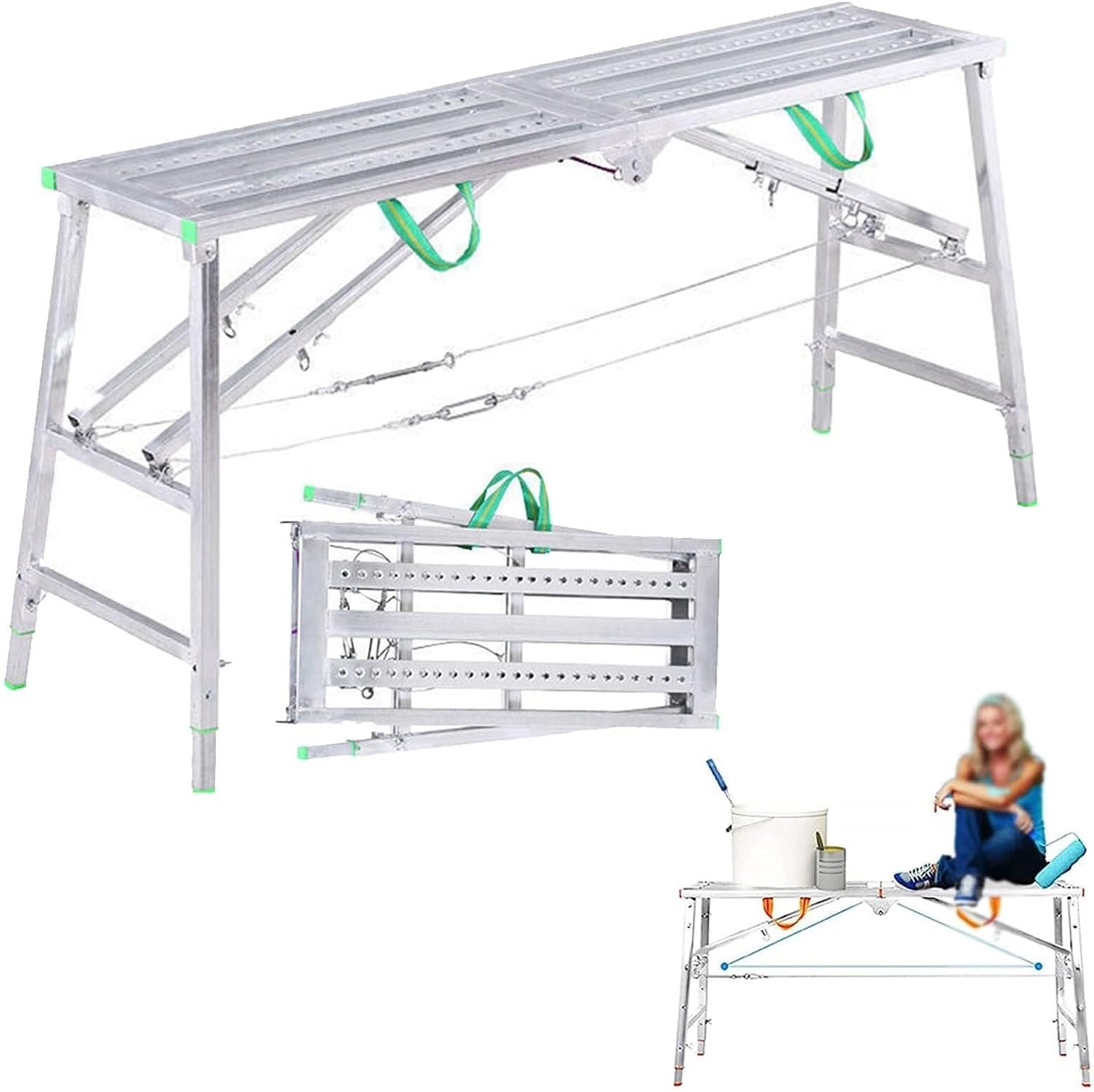 Work Platform Multipurpose Scaffolding Equipment Height Adjustable Work Platform Portable Folding Scaffold Tower Ladder Stool Work Bench for Washing Vehicles, Cleaning Windows, DIY, Maintena(140cm)