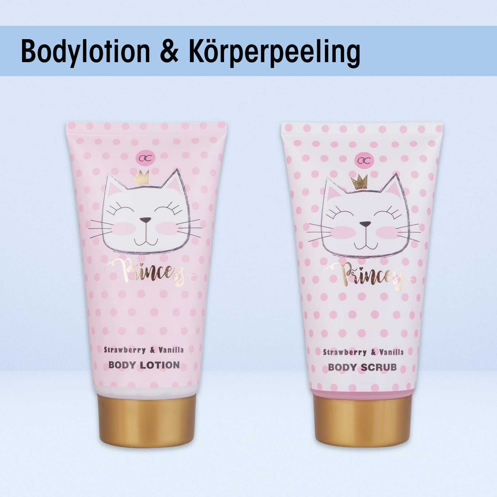 Accentra Geschenkset PRINCESS KITTY, 7-teiliges Geschenkset für Mädchen mit Duschgel, Bodylotion, Körperpeeling, Körpercreme, Badebomben und Netzschwamm im rosa Körbchen, Erdbeere & Vanille Duft