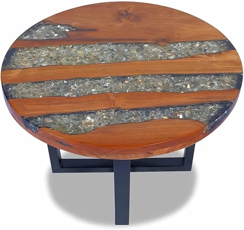 Miniatura 4 de Mesa auxiliar de madera, madera de teca maciza y poliresina, mesa auxiliar para sala de estar, hogar, oficina, 15.7 x 17.7 pulgadas