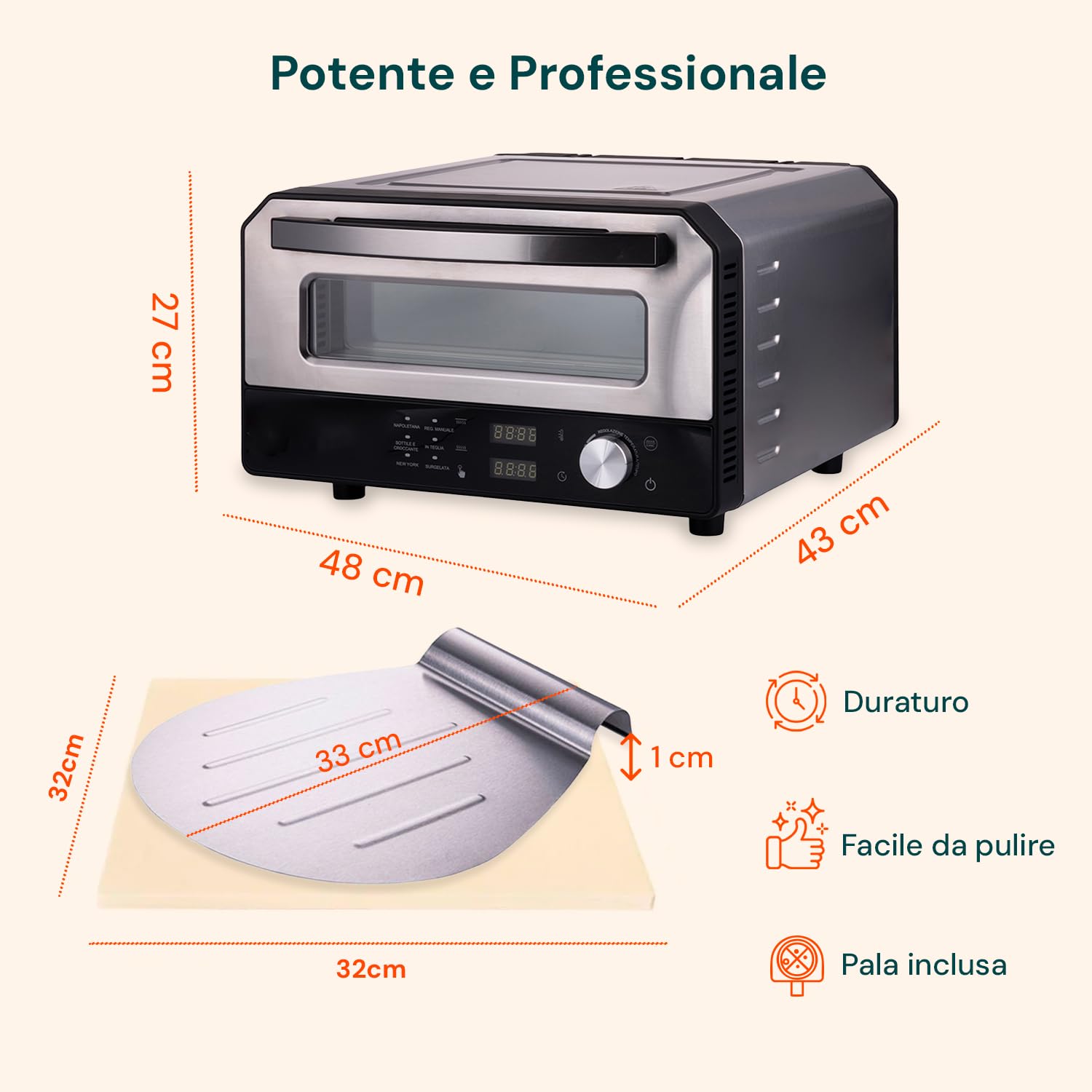 Avilia - Forno Pizza Elettrico 400°C con Display Digitale e 6 Programmi di Cottura, Include Pala per Pizza in Acciaio Inox, Facile da Usare con Controllo Preciso della Temperatura