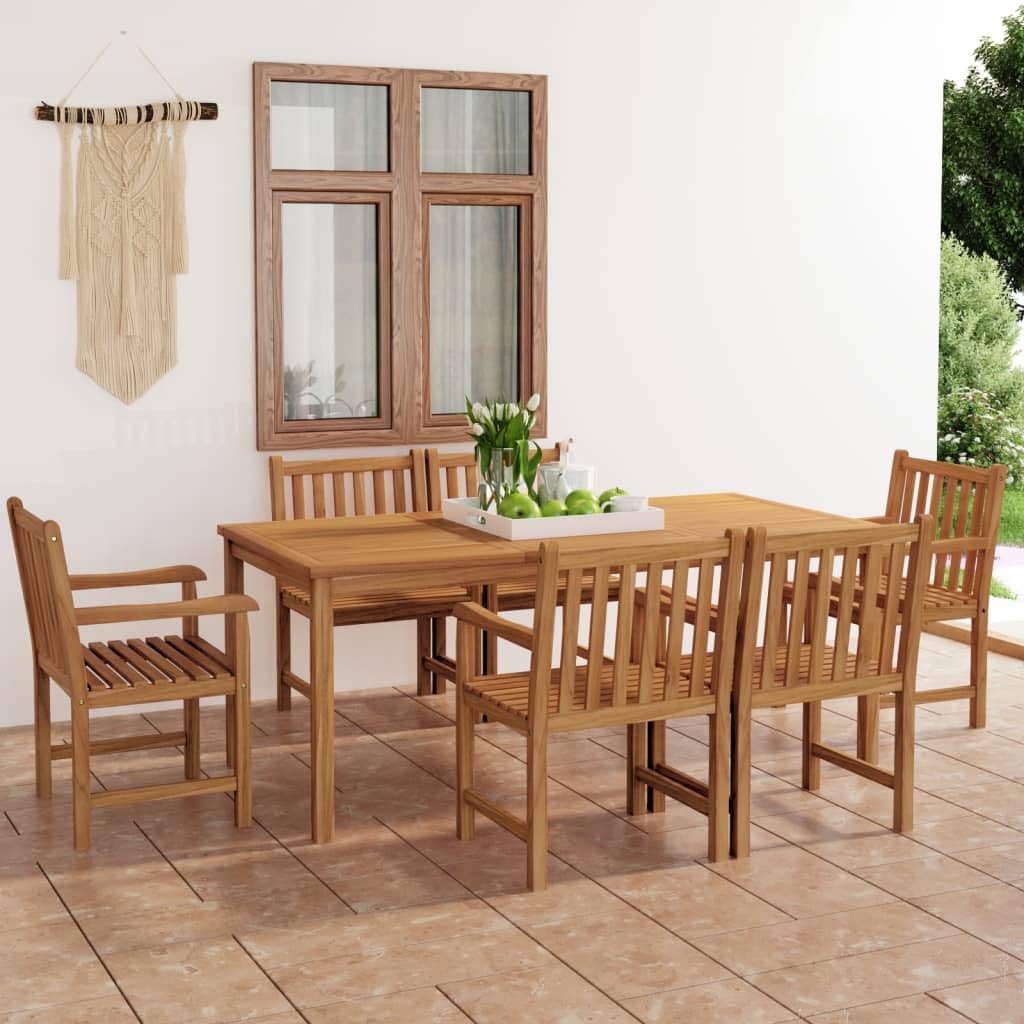 Set di 7 mobili da giardino in legno di teak massiccio, 180 x 90 cm, con 6 sedie, per terrazza, balcone e veranda, resistente alle intemperie, robusto, per sala da pranzo e lounge