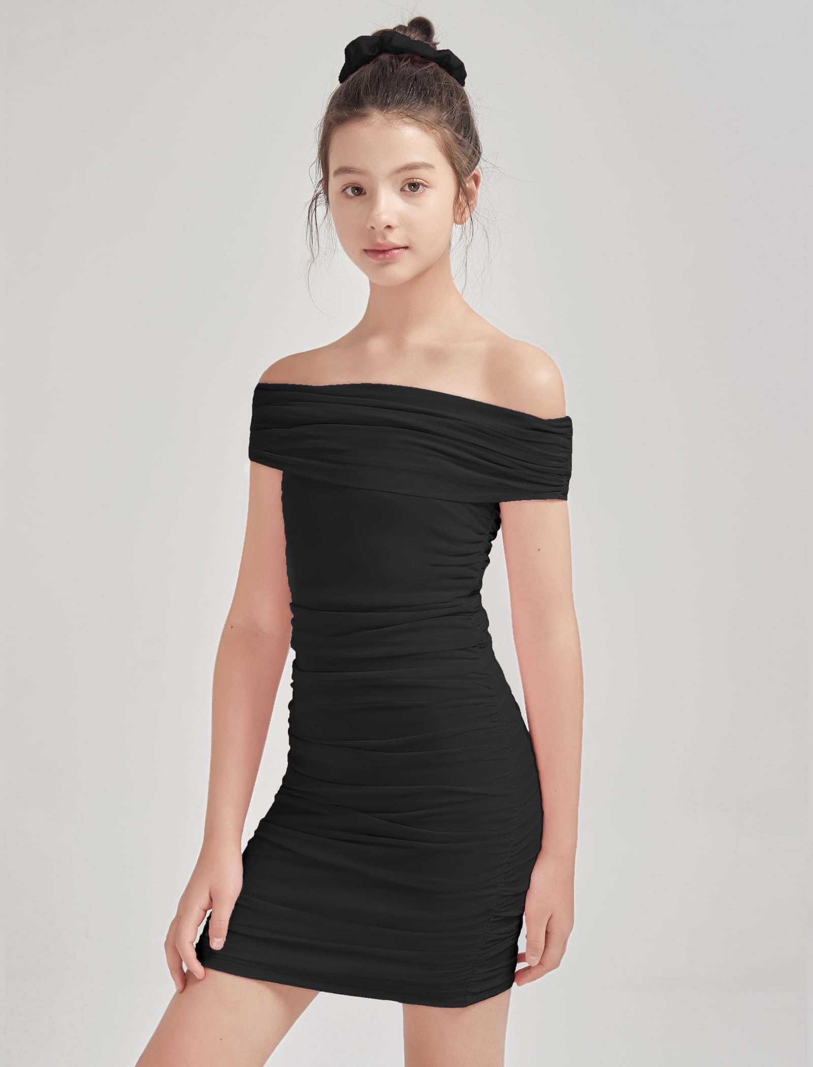 EXARUS Schulterfreies Bodycon-Minikleid für Mädchen, ärmellos, gerafft, für Teenager & Tweens, Abschlussfeier, Frühlingsball, Party und festliche Anlässe
