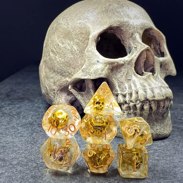 Miniatura 9 de DND - Juego de dados poliédricos de resina familiar de calavera dorada de salvia para Dungeons and Dragons RPG TTRPG (calavera dorada)