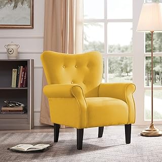 Best BELLEZE Modern Accent Chair Roll Arm Linen Living Room Bedroom Wood Leg (Citrine Yellow) Review 