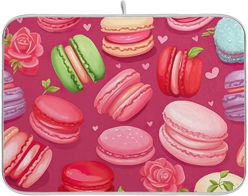 Tapete para secar platos, bonitos macarrones y flores, color rosa, reversible, de microfibra, escurridor de platos, para encimera de cocina,