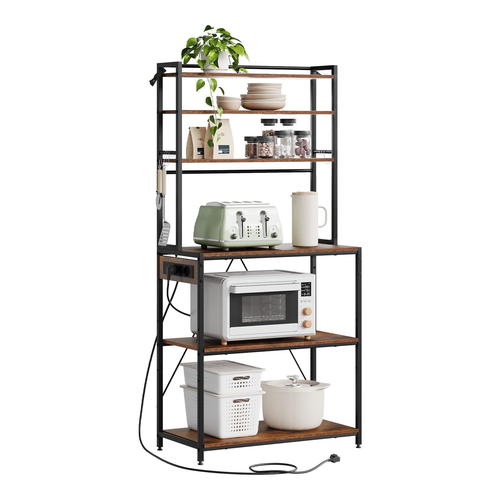 WOLTU Scaffale da Cucina a 6 Livelli con Prese di Corrente, Scaffale per Microonde con Struttura in Metallo e Piano di Lavoro Aperto, Nero+Marrone Rustico, 80x39,5x167cm