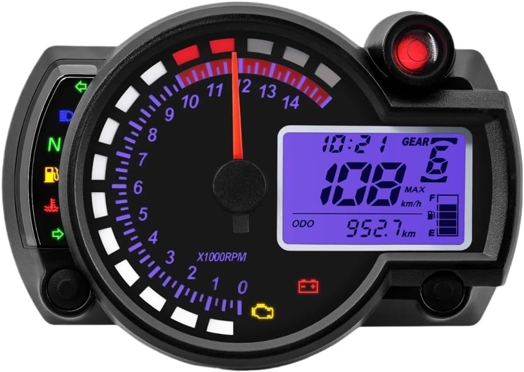 Motorcycle Speedometer Gauge 12V Moto Dashboard Tachometer Digital Odometer Motorcycle Tacho Guage with Alarm Lamp Tachometer Meter Fuel Meter Gauge