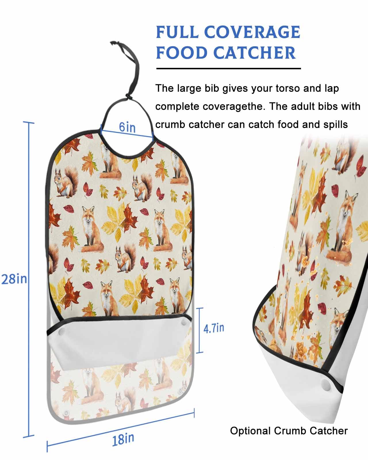 LEOKOTI Squirrel Fox Fall Adult Bibs for Eating, Waterproof Bibs with Food Catcher & Snap Closure, Thanksgiving Maple Leaf Autumn Botanical Washable Clothing Protectors Adult Bibs for Elderly