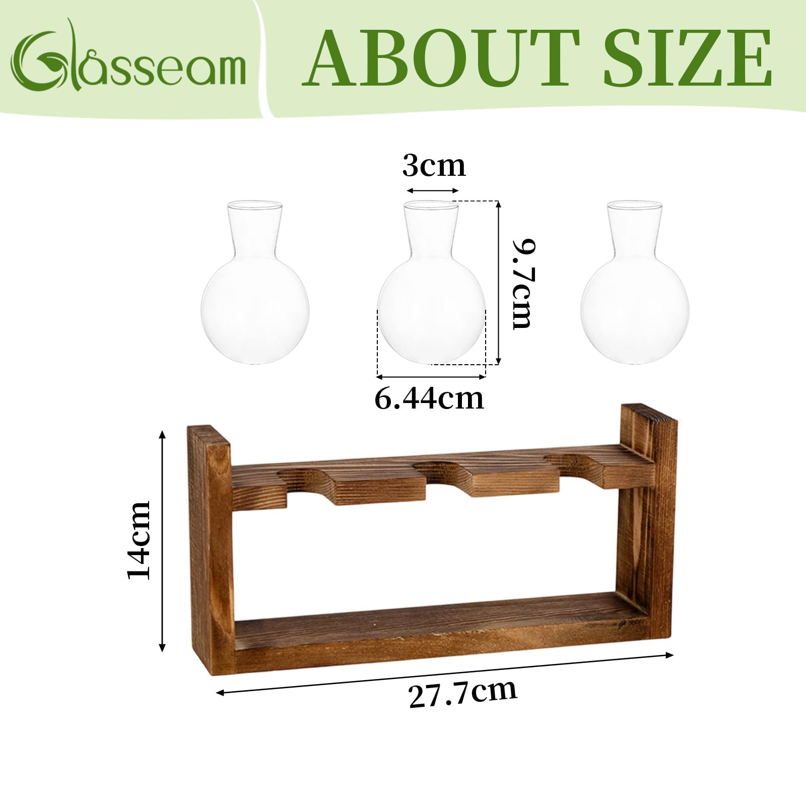 Glasseam Wazon na kwiaty w stylu vintage, małe wazony do dekoracji stołu, nowoczesne, szklane, probówki na kwiaty, ze stojakiem, drewniana stacja propagująca, do salonu, na zewnątrz, chrzest, urodziny | Słoik terrarium, do ziół, cięcia, na biurko, salon,