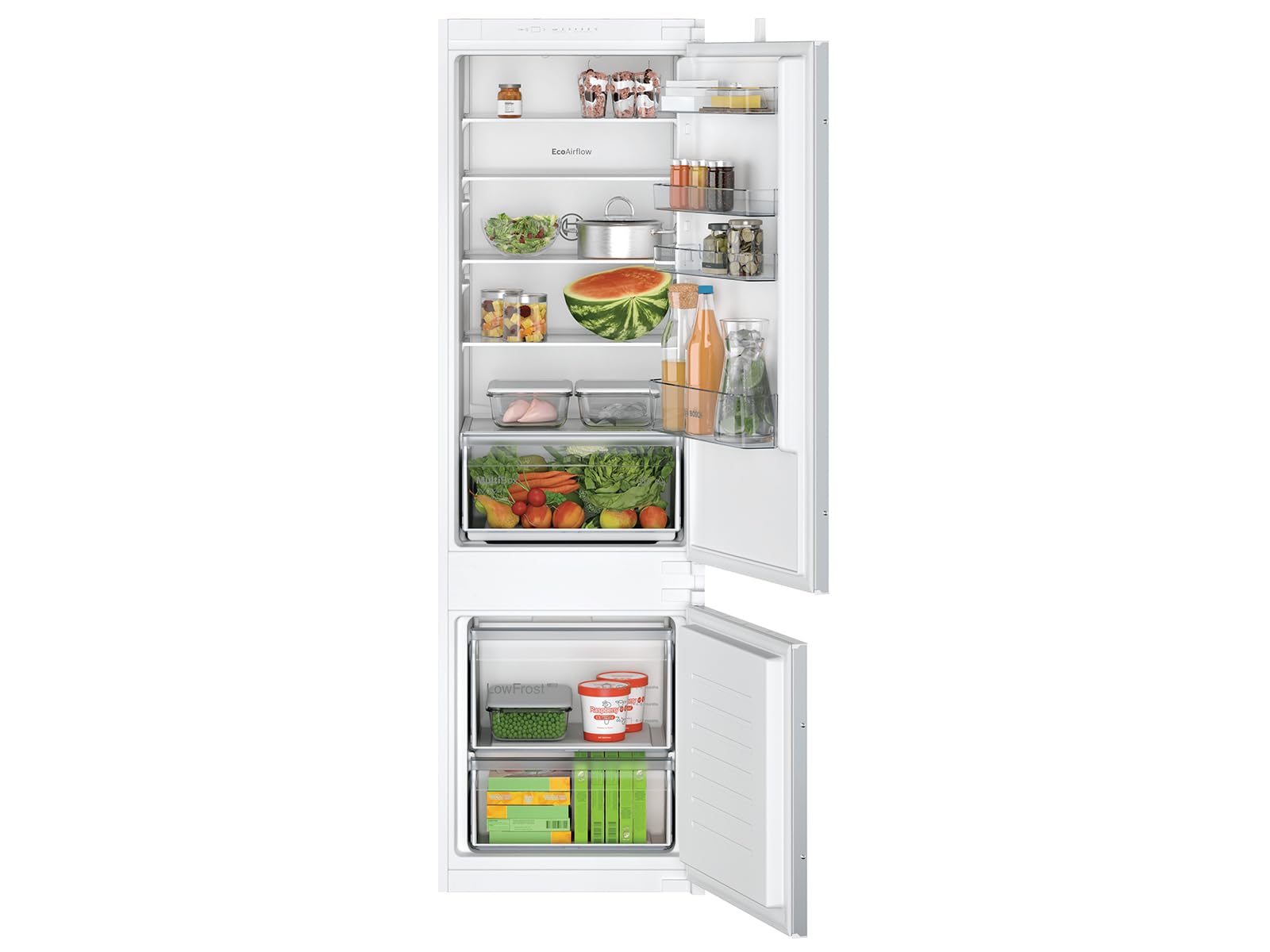 Bosch Serie 2 Kühl-Gefrier-Kombination 177.2 x 54.1 cm LowFrost KIV87NSE0 | Made in Germany, weniger Eisbildung, MultiBox XXL Schublade für Obst, BigBox Gefrierschublade, LED-Beleuchtung