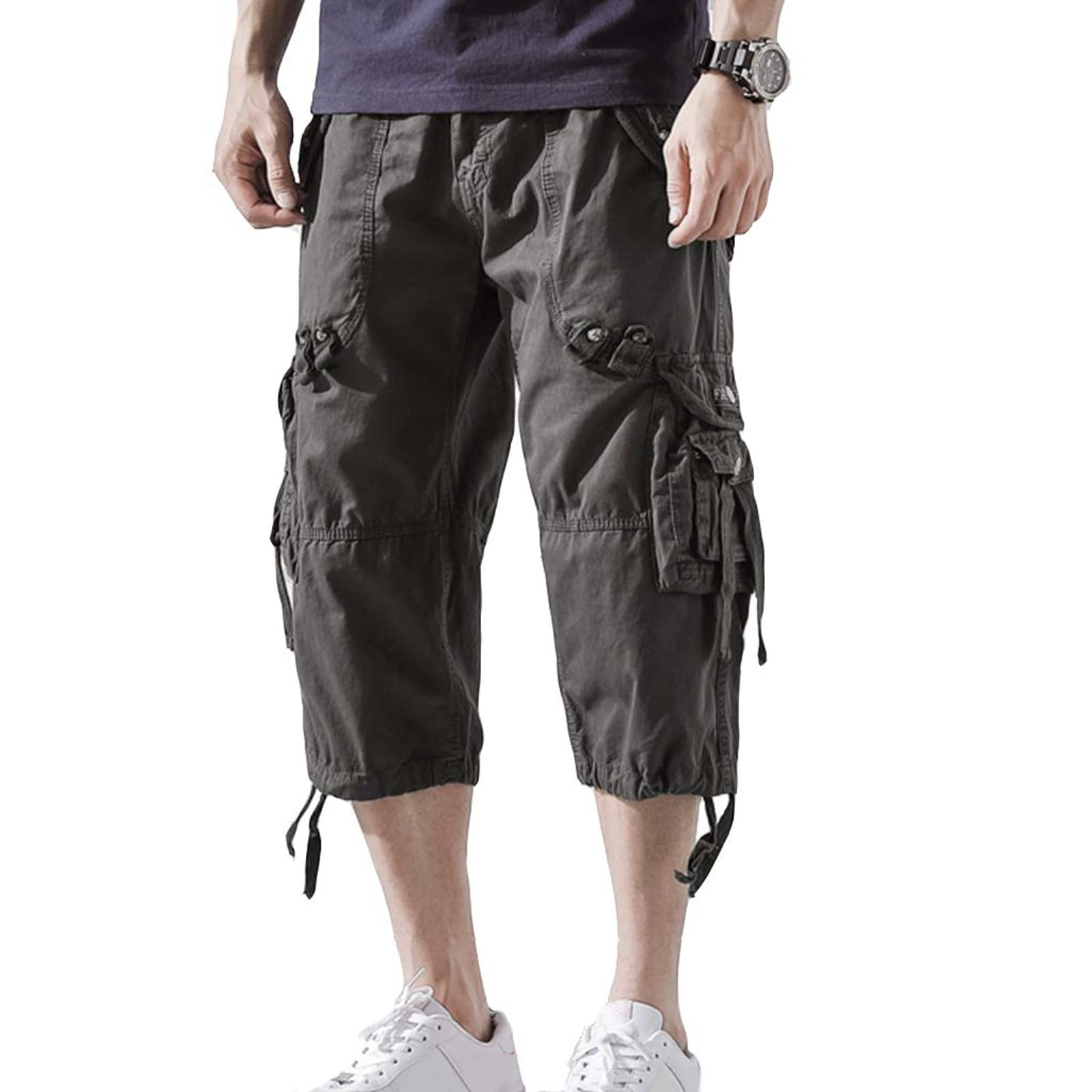 Pantalon Pirata Hombre Pantalones 3/4 Cargo con Múltiples Bolsillos Cuerda De Bombeo Pantalón Elásticos Transpirable Natural Playa Ligero Y Cómodo Pants Estilo Retros