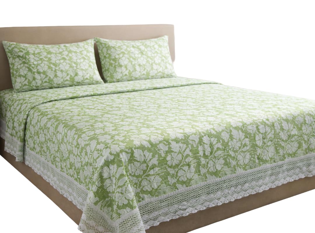 Trendy Green Floral Cotton Lace Bedspread with White Crochet Border | Cotton-Crochet Double Bedcover | 100inchX90inch(254cmX228cm) | Pack of 1-picture-48