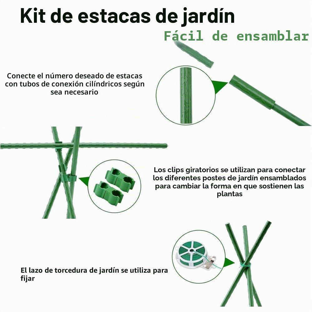 30x Soportes para plantas, ayuda para trepadoras, tubo de acero recubierto de plástico inoxidable de 40 cm Ø11 mm, con 20 conectores y 30 clips multifuncionales, soporte para plantas, para guisantes