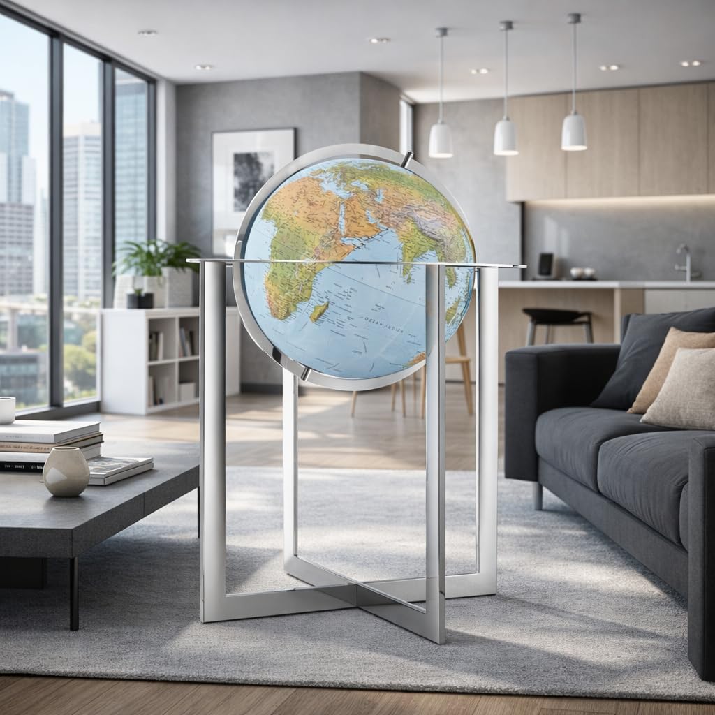 Mappamondo Luminoso da Terra con Base in Acciaio Cromato, Cartografia Fisico-Politica, Diametro 50 cm, Altezza 103 cm, Steel Blue - Progressio