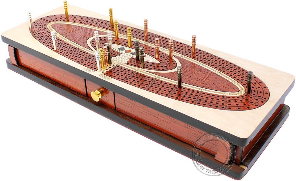 House of Cribbage - Continuous Cribbage Board/Box Inlaid in Maple/Blood Wood : 4 Track - Sliding Lids, Drawer and Metal Pegs with Score Marking Fields for Skunks, Corners and Won Games