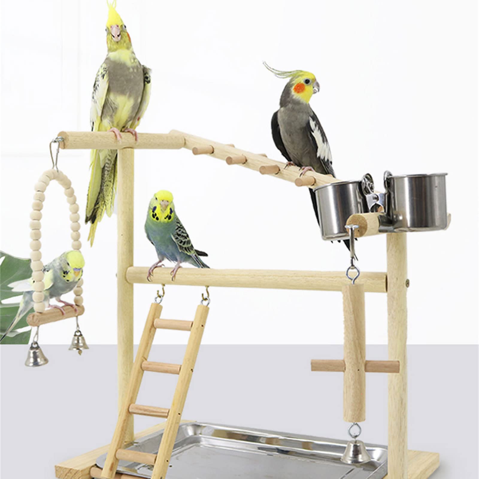 Vogel Sitzstangenständer, Papageien Spielständer mit Edelstahl Tablett, Futterbecher, Leiter, Schaukel, Holz Kauspielzeug für kleine Vögel, Vogelspielplatz, Naturholz Sitzstangenständer mit Schüsseln,