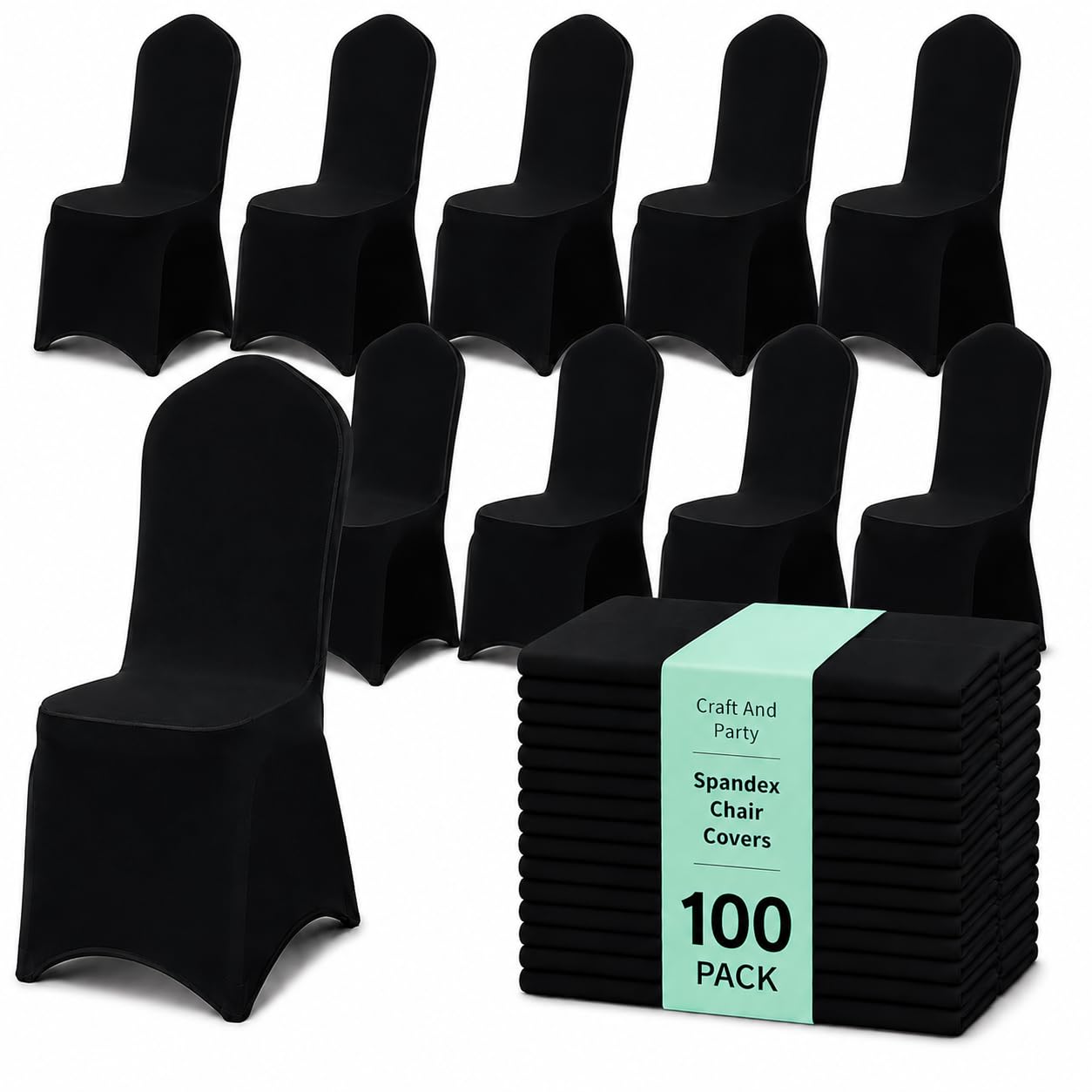 100 Pack Black Spandex Chair Covers – Stretch Polyester Slipcovers for Wedding, Banquet, Party &amp; Dining Chairs – Flat Front Design, Universal Fit